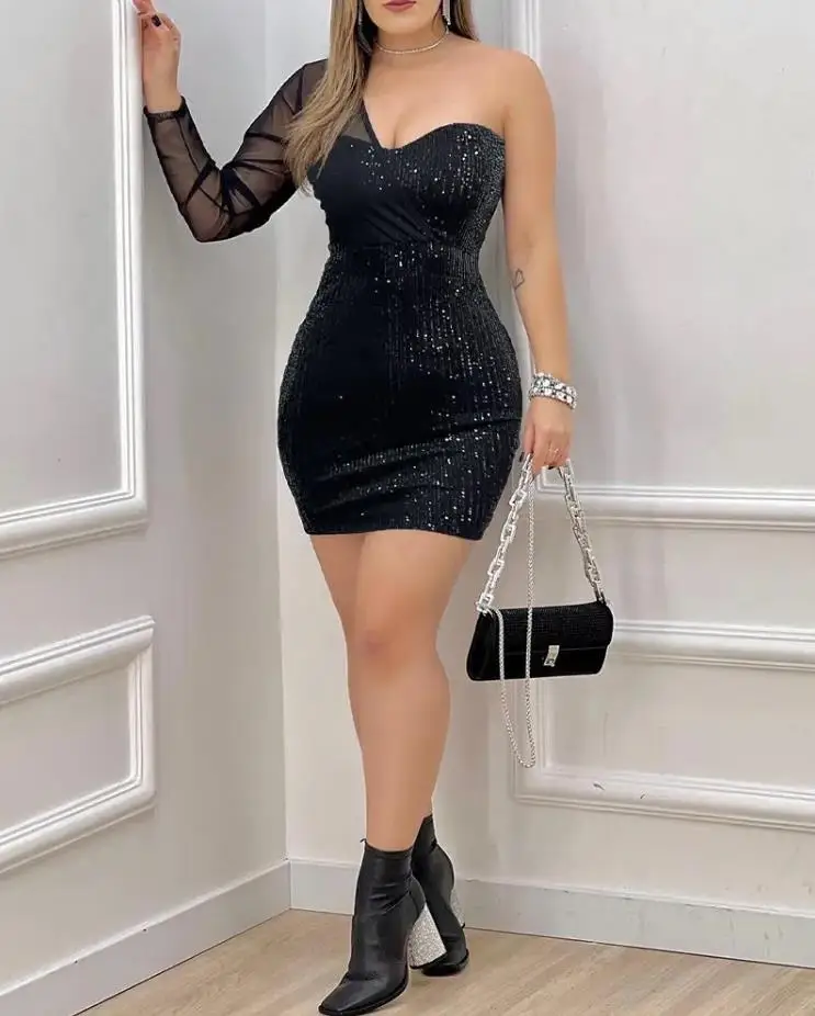 

Women's diagonal collar long sleeved casual style 2024 one shoulder transparent mesh patch sequin dress