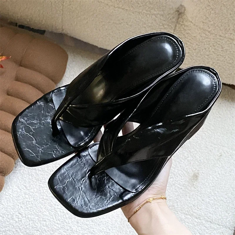 

YNPO Fashion Women Beige Strap Wedge Heel Flip Flops Square Toe Slip on Mules Satin Summer Casual Beach Slides Sandals