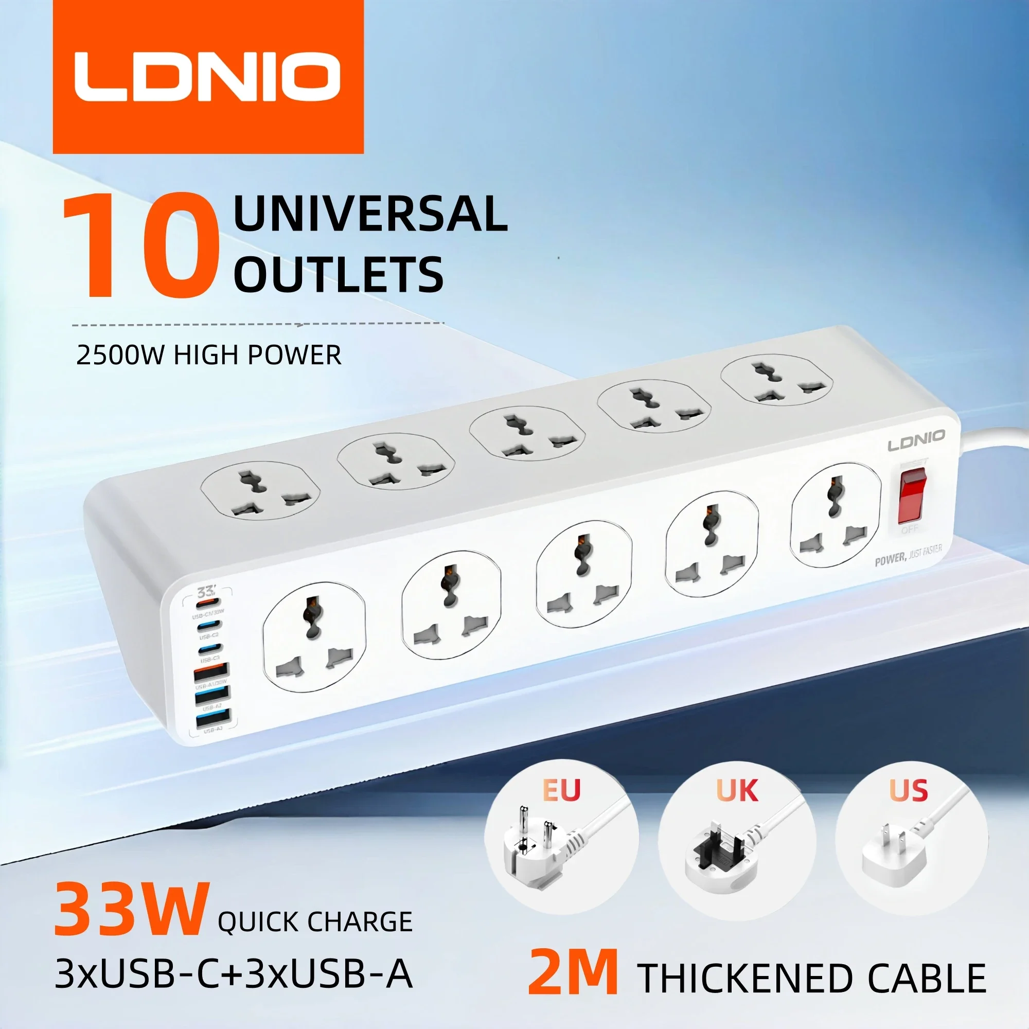 LDNIO 10 Outlet Electric Extension High Capacity Multi-strip UK/US/EU/KR Multiple Plug 2M Cord Type C USB Socket Surge Protector