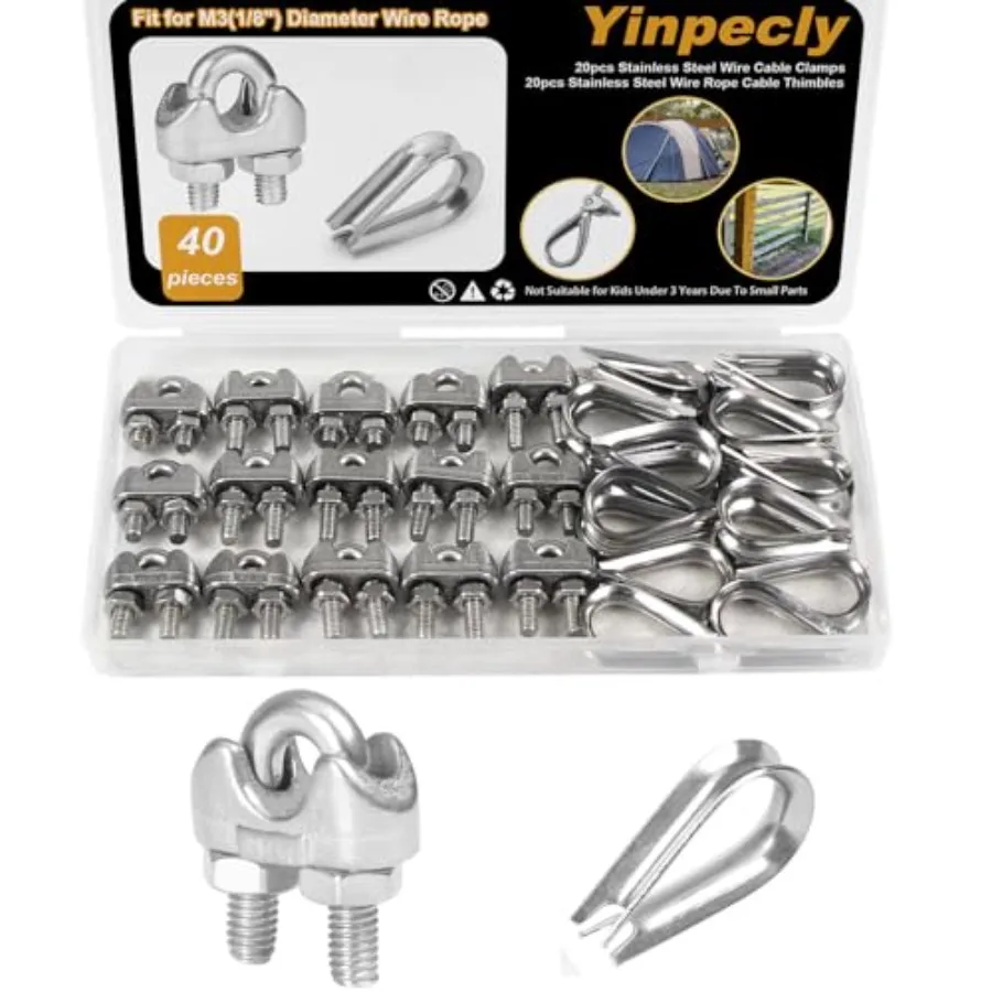 20Pcs 1/8'' M3 Wire Rope Clamps 20Pcs M3 Wire Rope Thimble, 304 Stainless Steel Cable Clamps Kit for 1/8 inch Steel Cable Thimb