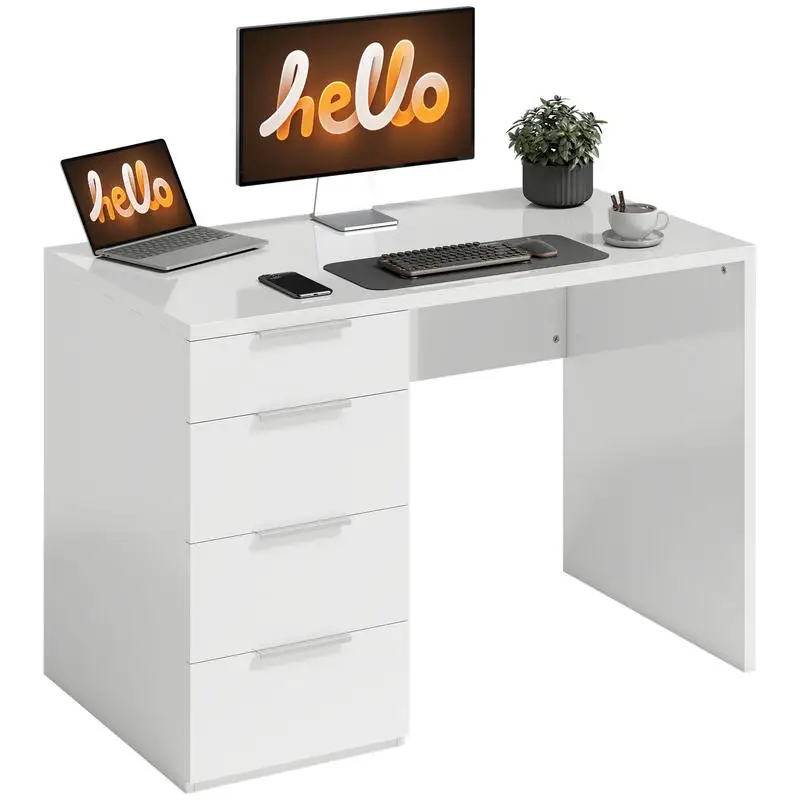 Bureau d'ordinateur à haute brillance avec 4 tables, 110 x 60 cm, bureau avec rangement, style moderne, blanc