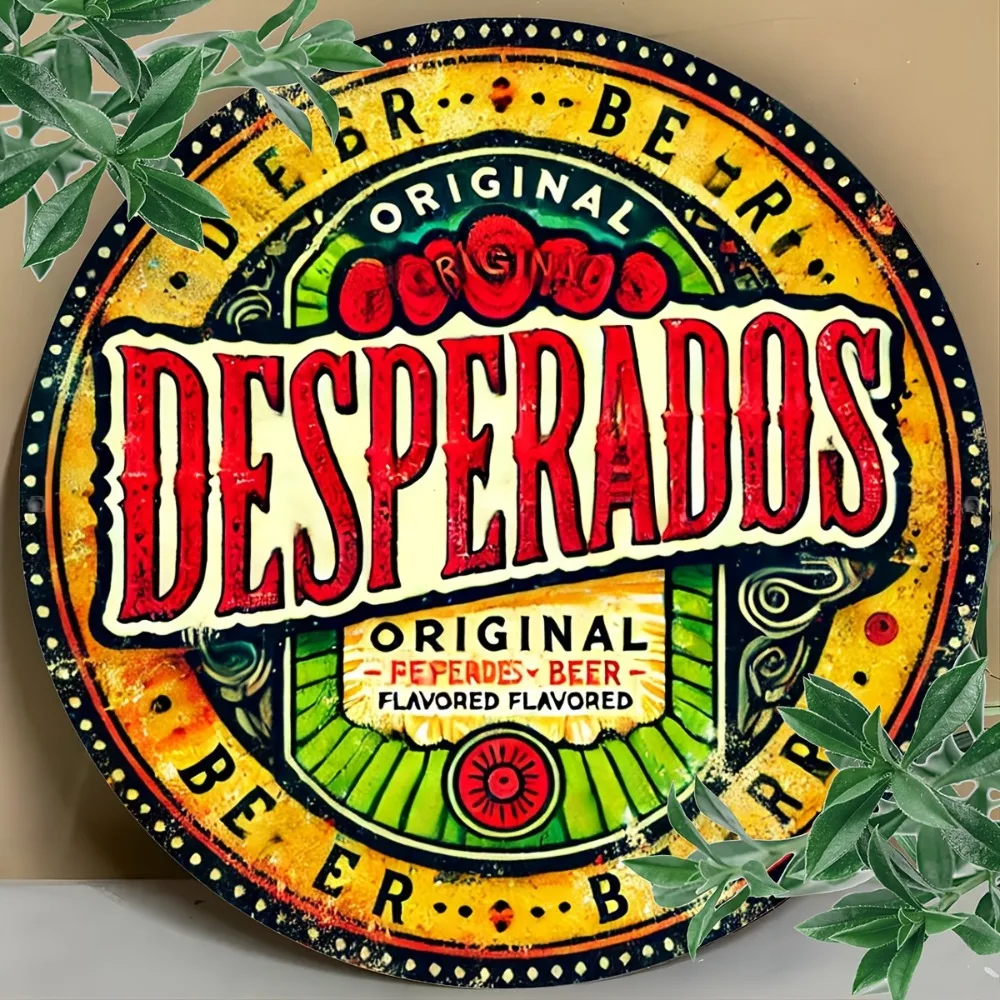 لافتة معدنية مسطحة عتيقة من Desperados للبيرة - لوحة فنية جدارية مستديرة من الألومنيوم مقاس 8 × 8 بوصة، تصميم زهور نابضة بالحياة للمنزل البار