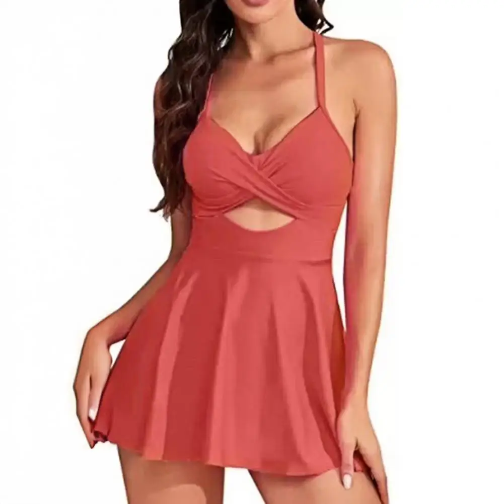 Stretchy Swimsuit Material 2pcs Women Swimsuit Set V-neck Backless Swimwear Dress High Waist Quick Drying Swimming Beachwear