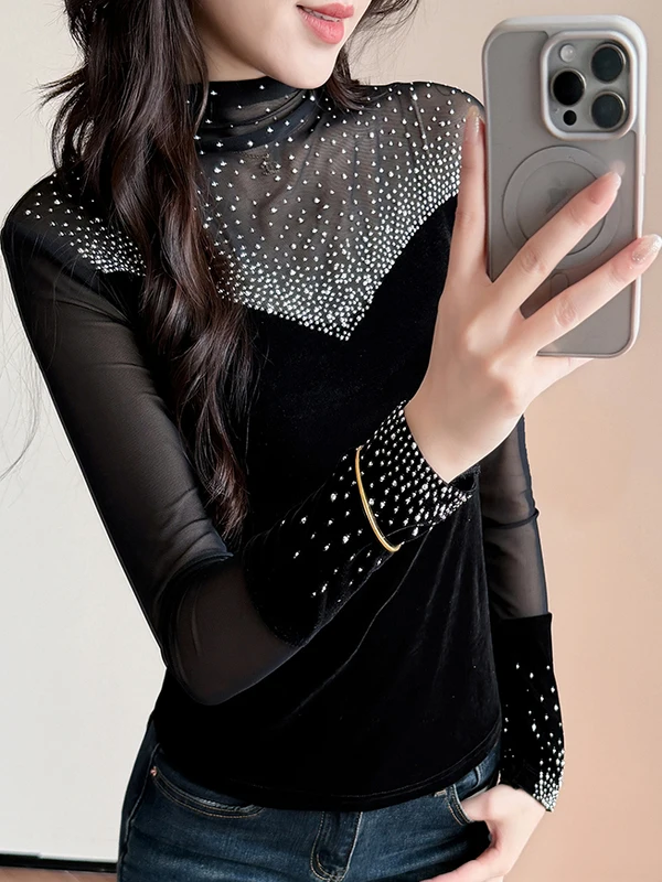 

Сексуальная бархатная женская длинная футболка с высоким воротником Me, модная футболка на осень-зиму, облегающая повседневная одежда с принтом