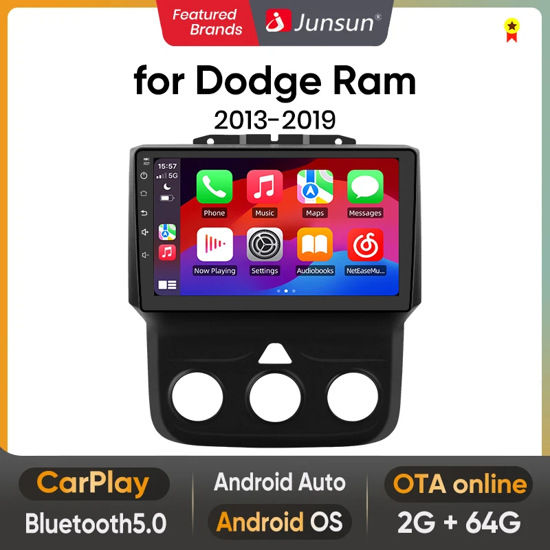 Junsun Wireless Carplay Android Auto Android 15 Car Multimedia Touch Screen Head Unit for Dodge Ram  2013 2014 2015 2016 2017 2018 2019 GPS Radio Bluetooth 5.0 4G LTE 5G WiFi Smart Voice Control Stereo Receiver