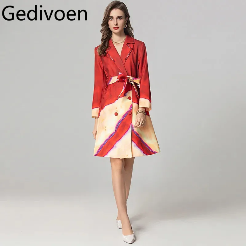 Gedivoen Autumn and winter New Style Coat Long-Sleeved Notched Double-breasted Lace-Up Slim Color Block Patchwork Overcoat