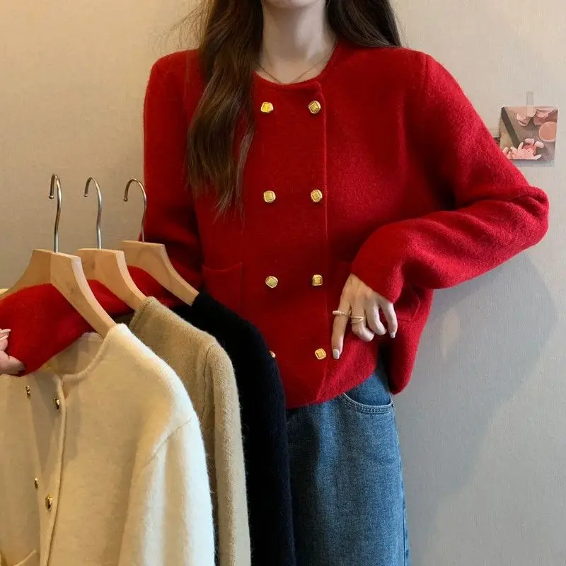 OMCHION Knitted Clothing Korean Style Chic Women Cardigan 2024 O Neck Solid Color Double Breasted Ladies Sweater Fashion Coat