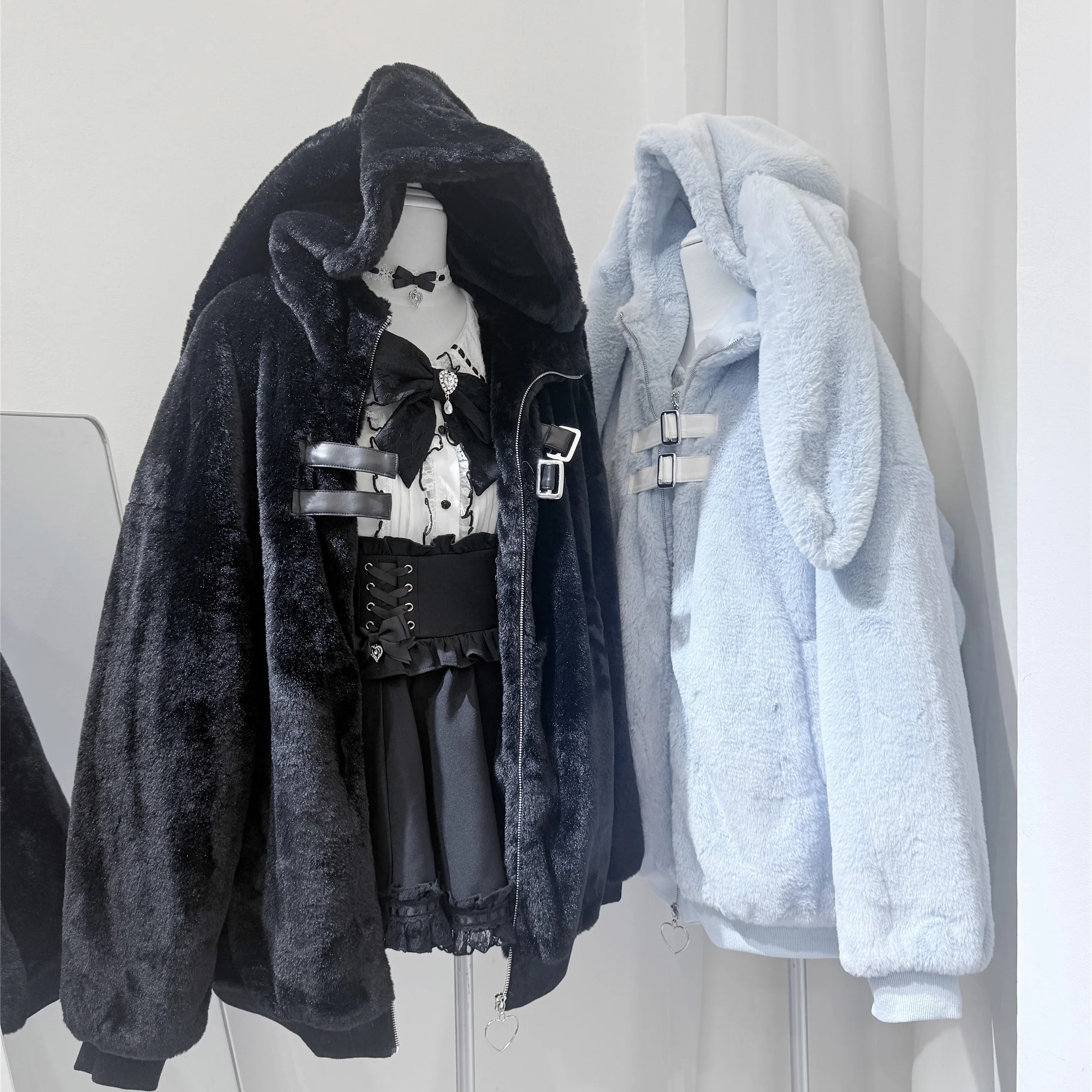 2025 الشتاء الأصلي اليابانية لوليتا معطف فروي أرنب الأذن مقنعين سستة بولي Buckle مشبك فضفاض تنوعا سميكة أفخم سترة للنساء #5