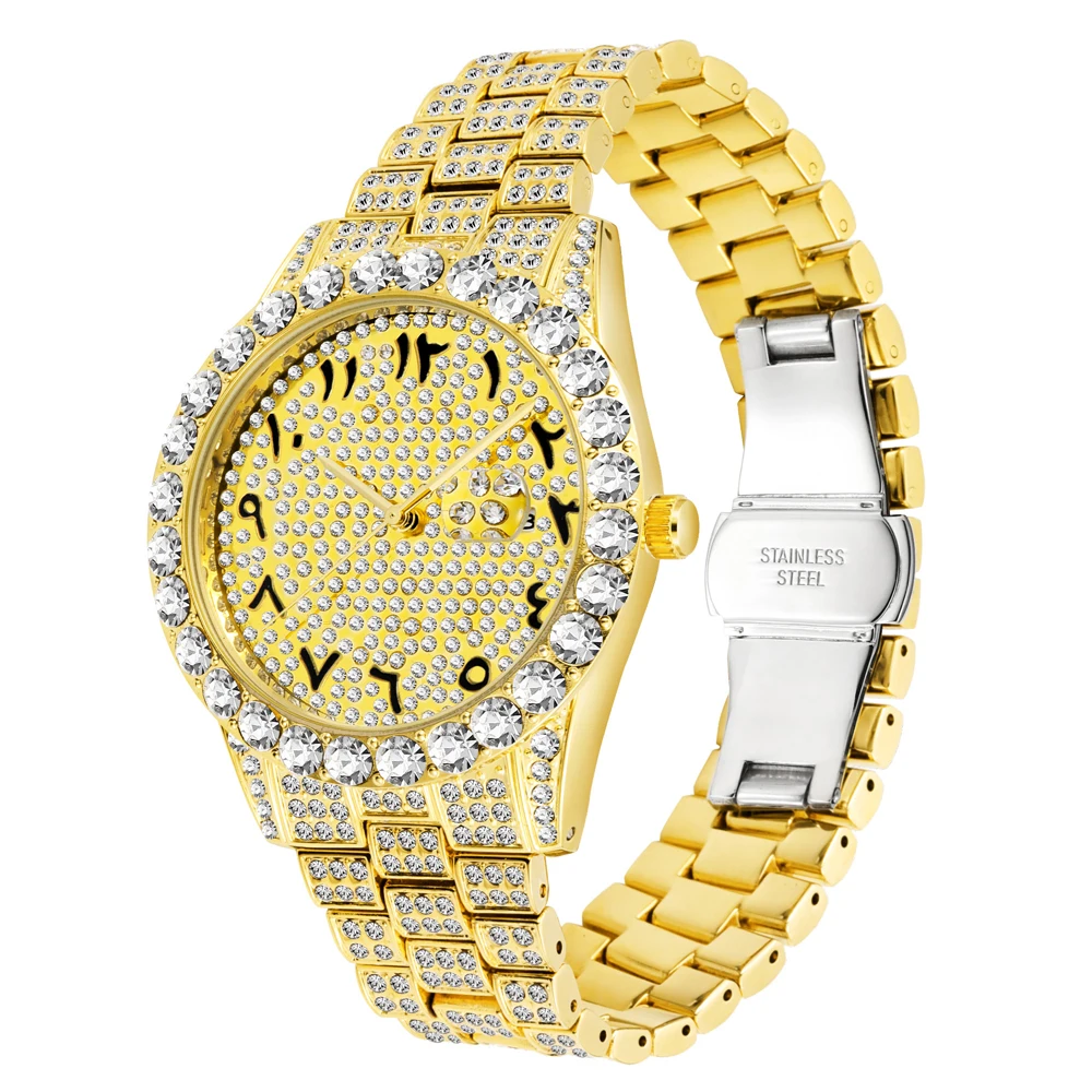 MISSFOX Men Quartz Wristwatches Unique Arabic Numerals Male Watch New Round Stainless Steel Waterproof Diamond Wristwatch Gifts