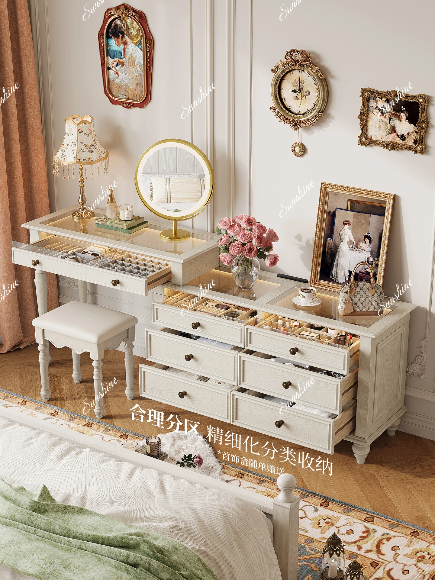 American white all-solid wood dresser, chest cabinet integrated household rotatable