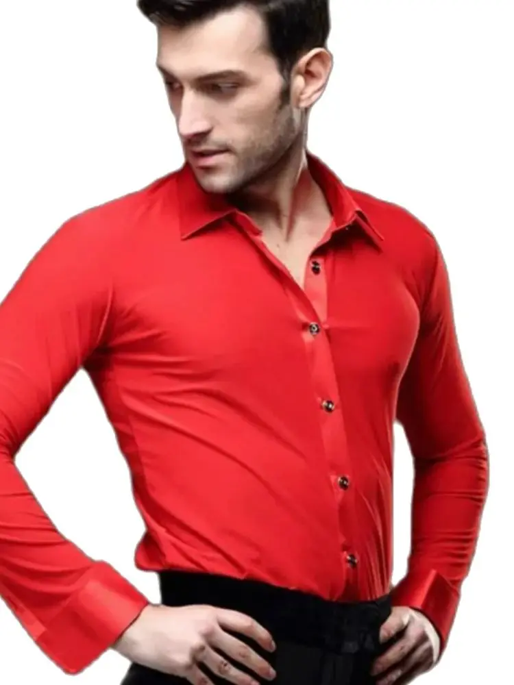 1 Stks/partij Mannen Wit Rood Zwart Dansvoorstelling Balzaal Moderne Salsa Tango Samba Latin Top Heren Shirts Jongens Danskleding