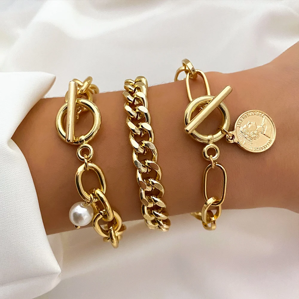 KISSWIFE Golden Cuban Link Chain Bracelets On the Hand Exaggerated Thick Chain Coin Pendant Bracelet for Women Fashion Jewelry