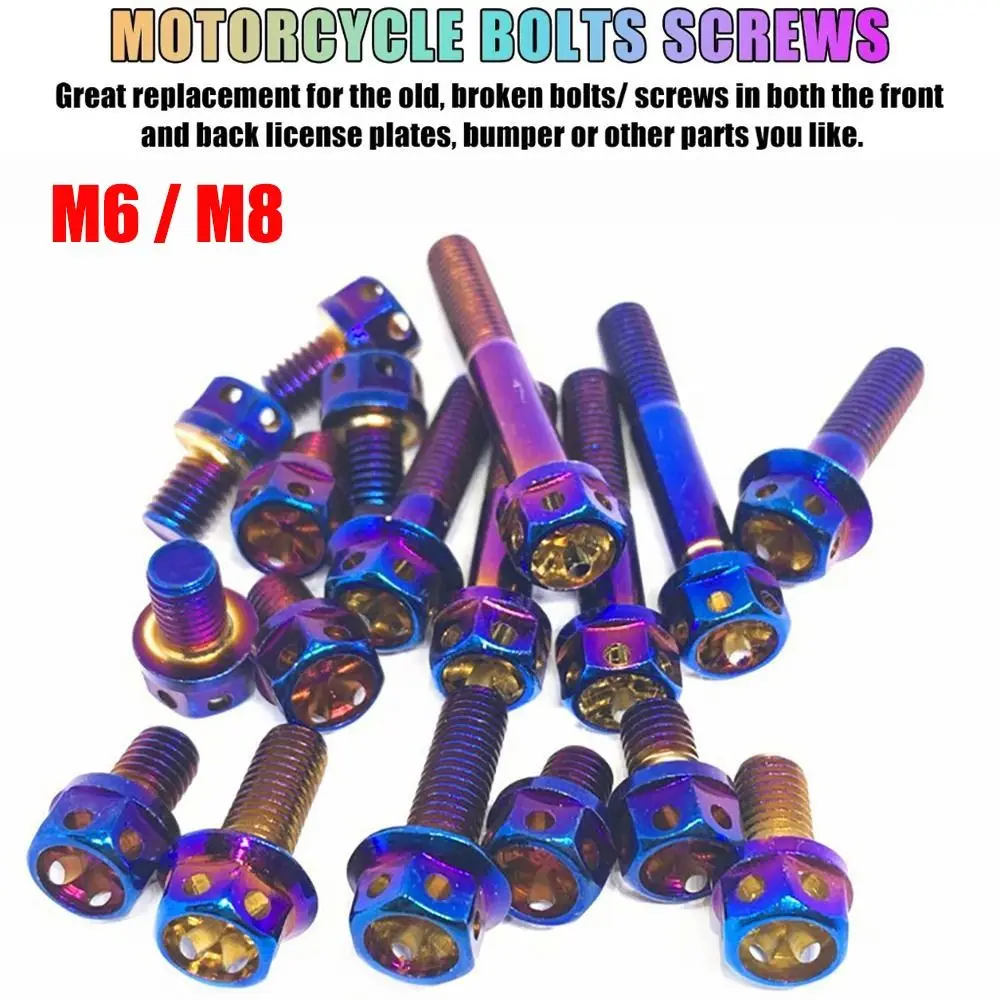 M6 M8 Titanium Bolt 10/15/20/25/30/35/40/45/50/60 With Drilled Holes Titanium Flange Blue Hex Head Screws Motorcycle