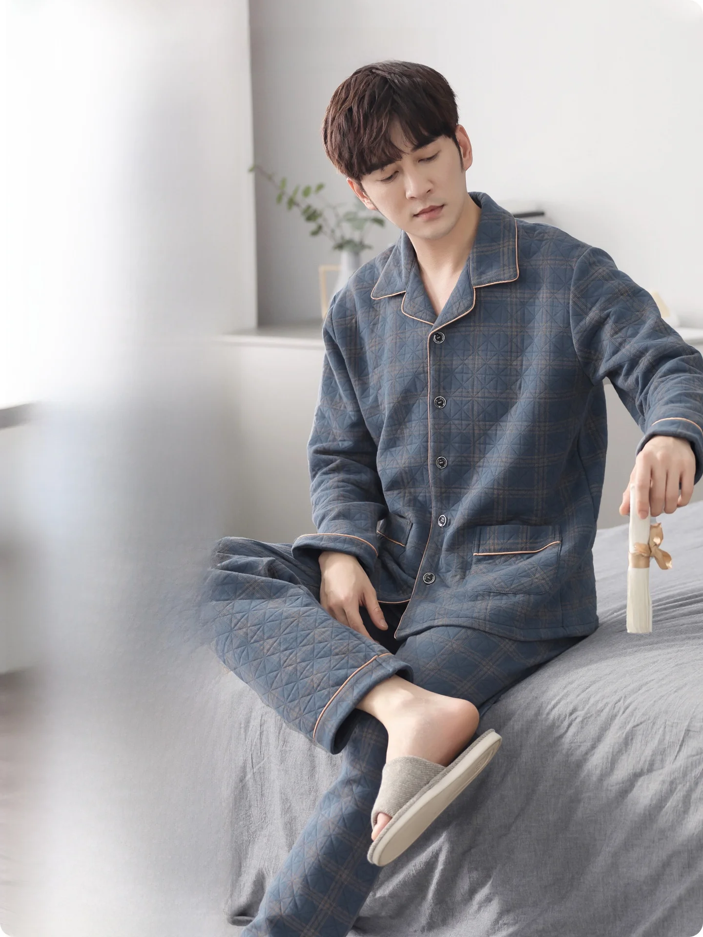 Plandoo Men's Sleepwear Thickened Air Layer Cotton Home Clothes Set Autumn Winter Casual Loose Fit Long Sleeve Soft Polyester