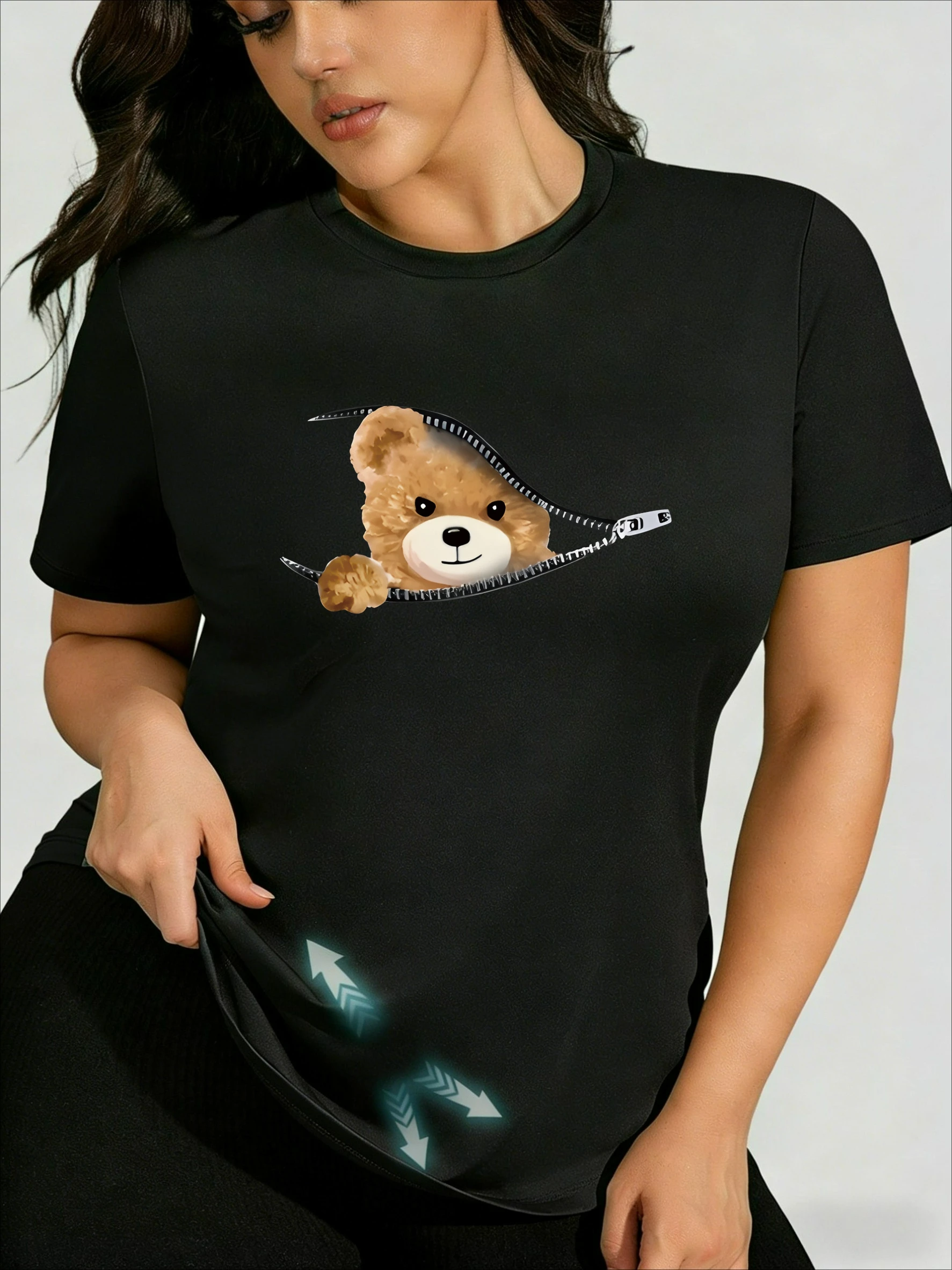 

Plus Size T-shirt with Cute Bear Breaking Frame Print, Summer Sweet Cool Style Versatile Age-reducing Casual Top