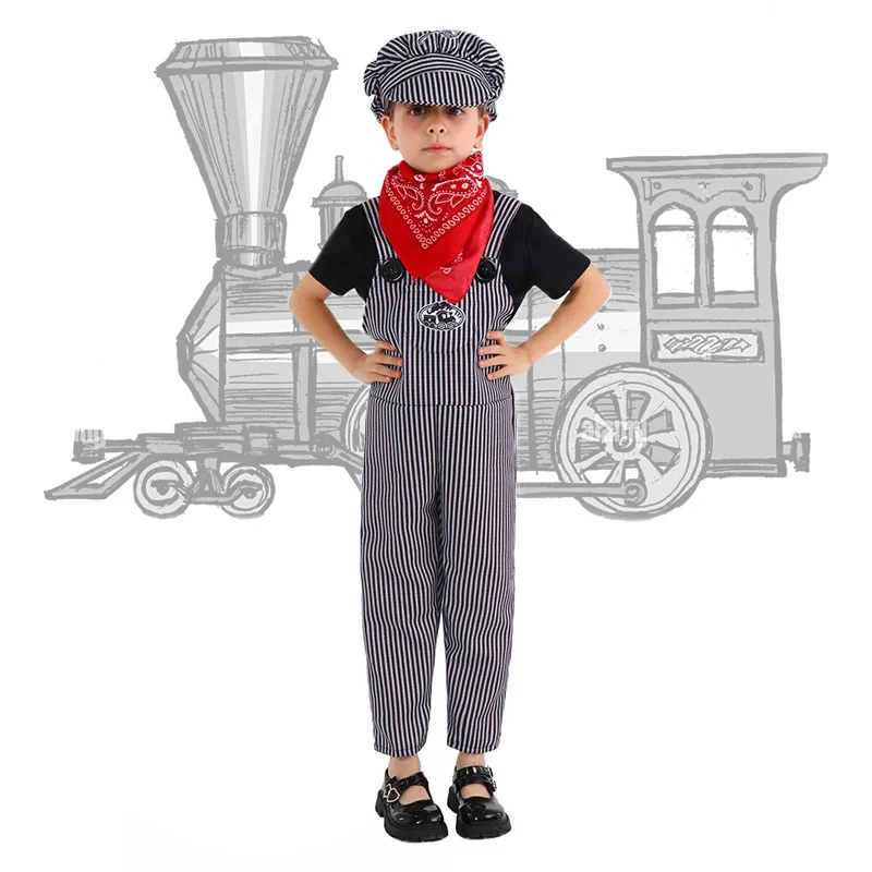 

Toddler Train Engineer Suit Halloween Fancy Dress Up Vintage Striped Little Railroad Train Engineer Overalls Outfit for Boy