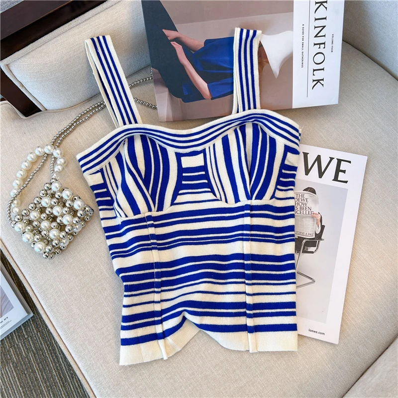 Striped Sleeveless Suspender Women\'s Knitted Vest Slim Korean Summer 2023 New Sexy Girl Sweetheart Top Casual Holiday Clothing