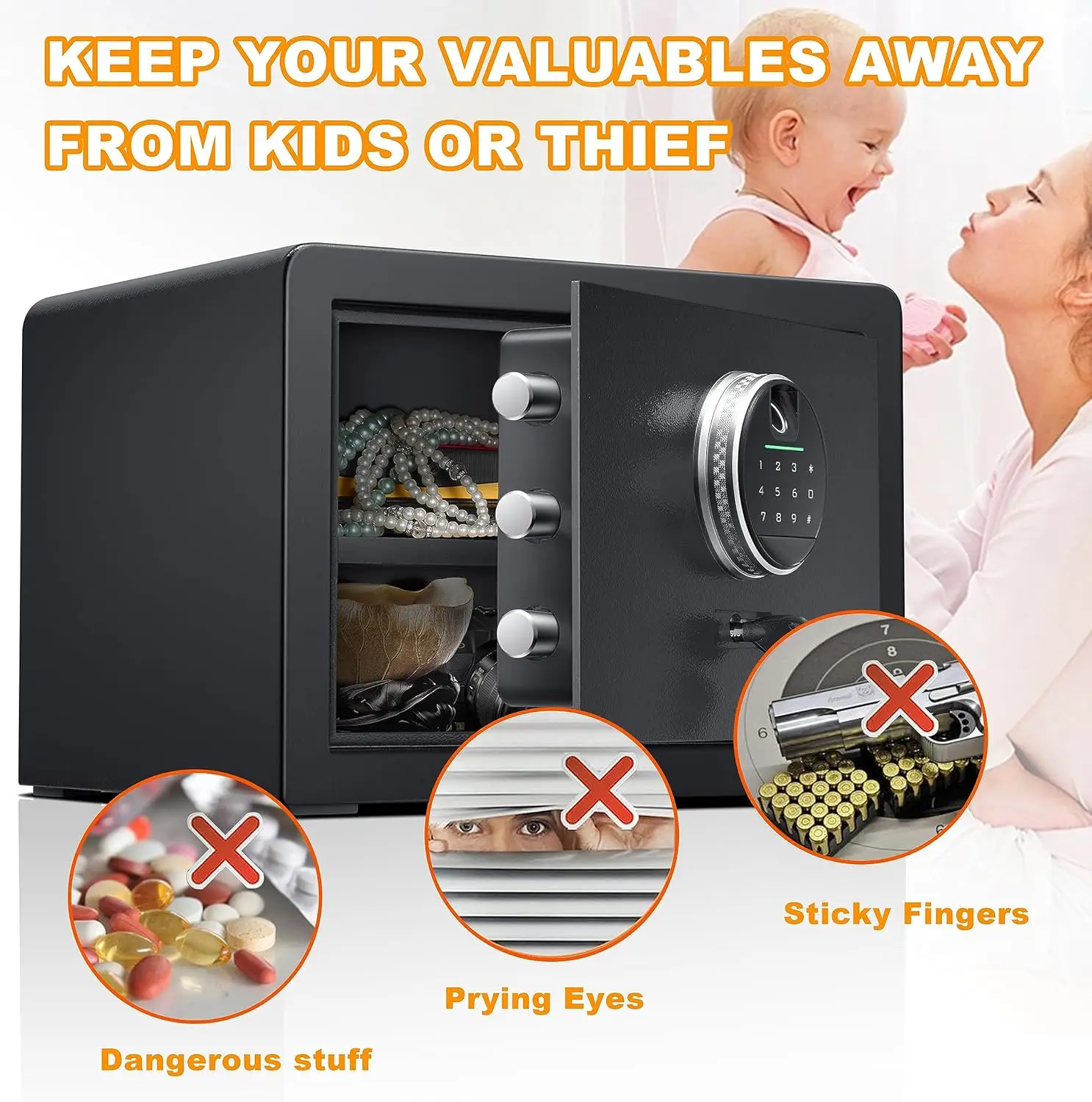 1.0 Cubic Feet Fingerprint Fireproof Home Safe With Fireproof Document Bag, Digital Security Safe With Removable Shelf Secure Ca