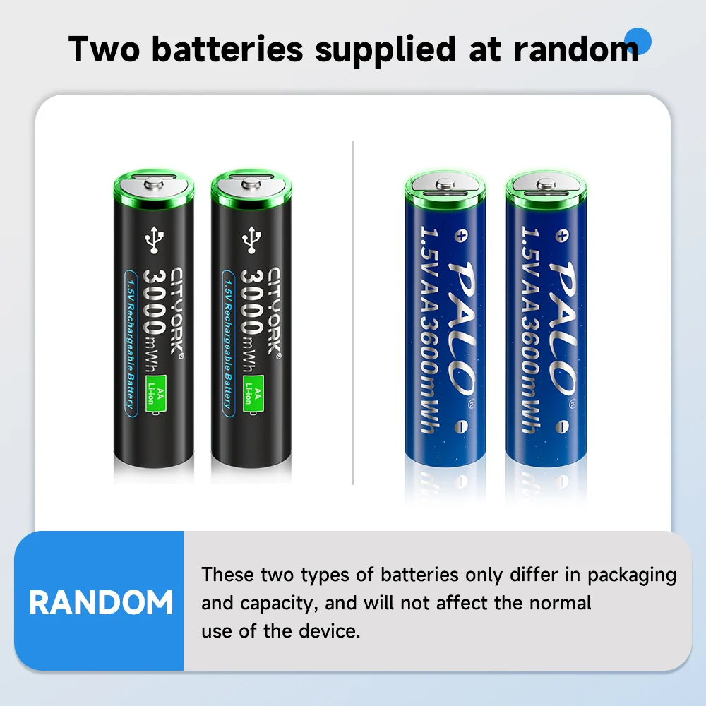 CITYORK 충전식 리튬 이온 AA 배터리, USB 충전, MP3 플레이어 온도계용 AA 2A 셀, 3000mWh, 1.5V