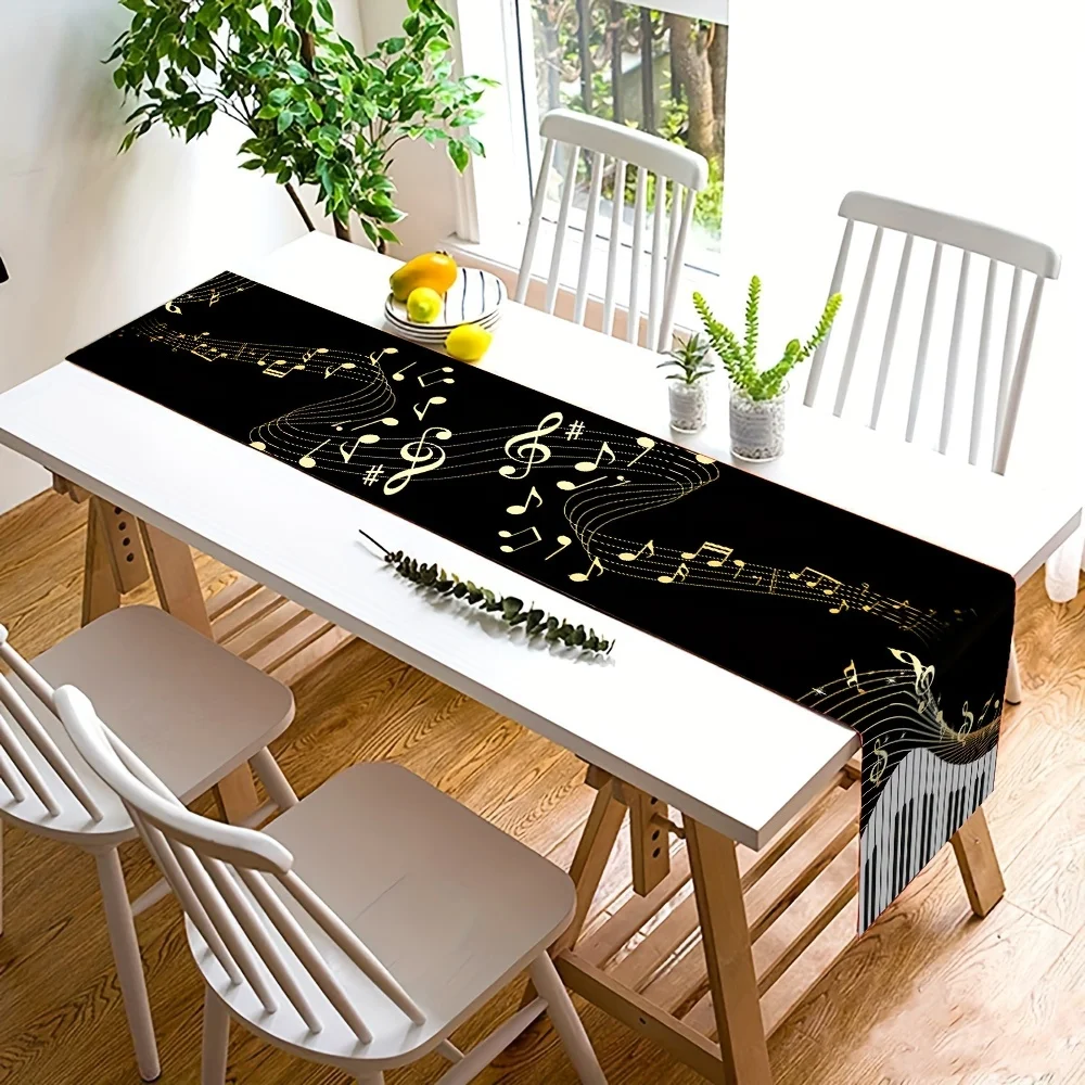 Piano Keyboard Music Notes Pattern Linen Table Runner Elegant Dresser Scarf for Washable Kitchen School Holiday Party Home Decor