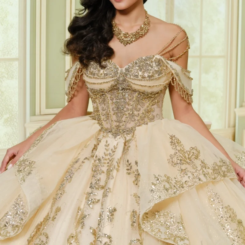 

Light Champagne Quinceanera Dresses Off the Shoulder Glitter Lace Layering Decal Long tail Bow Vestidoe 15 Quinceanera Customize