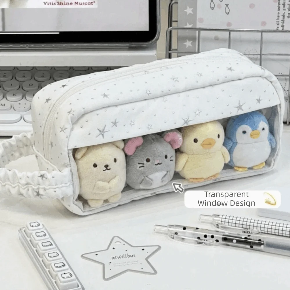 Y2K Polka Dots Star Print Pencil Case Large Capacity Portable Viewable Window Storage Pouch Handheld Lace Pen Bag For Teen Girls