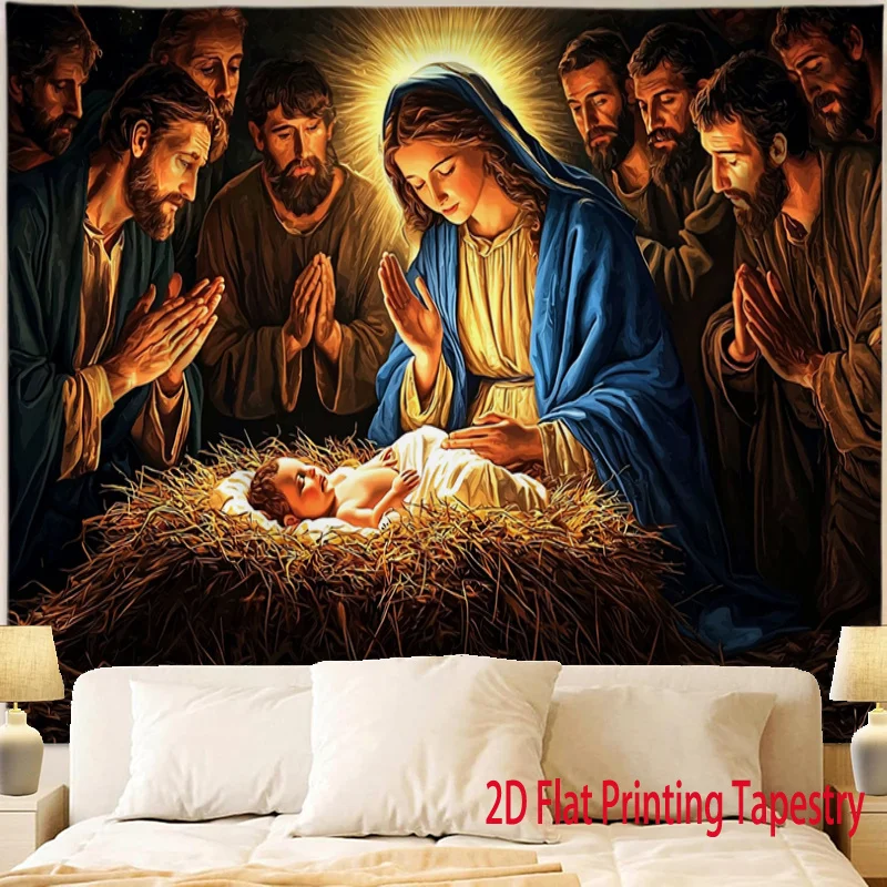 Large Biblical Art Tapestry Wall Hanging Religious Nativity Scene Decoration Print Polyester for Home Room Decor