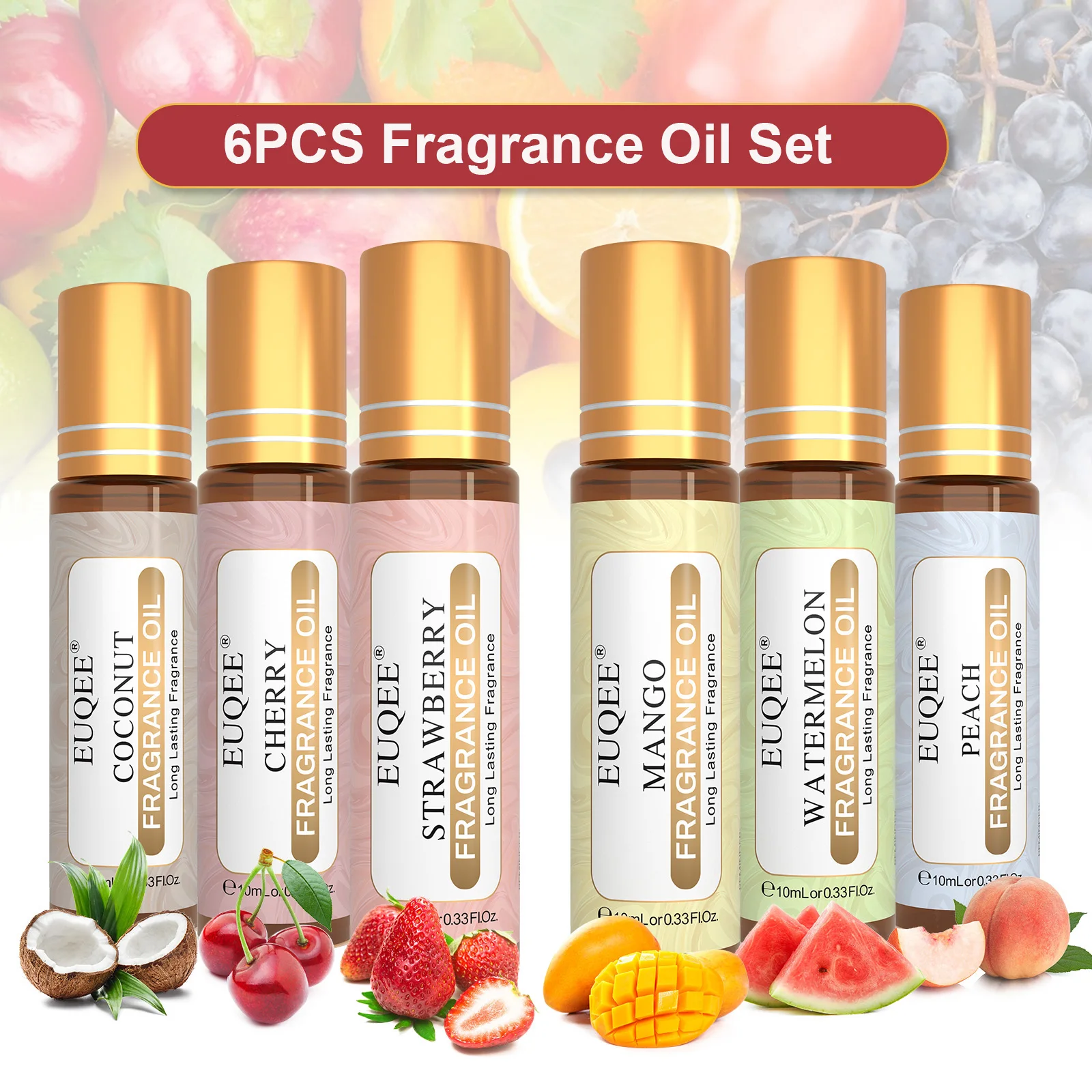 EUQEE 6 Bottles Fruit Fragrance Oils Set For Diffuser Candle Making 10ml Strawberry Cherry Watermelon Peach Coconut Mango Oils