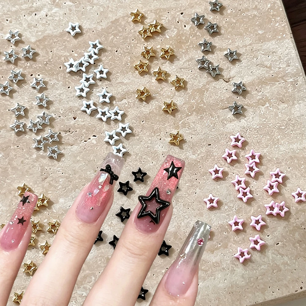 5Pcs 3D Alloy Hollow Star Nail Charms Gold/Silver/Pink Metal Pentagram Flatback Nail Decors For DIY Y2K Manicure Nail Supplies