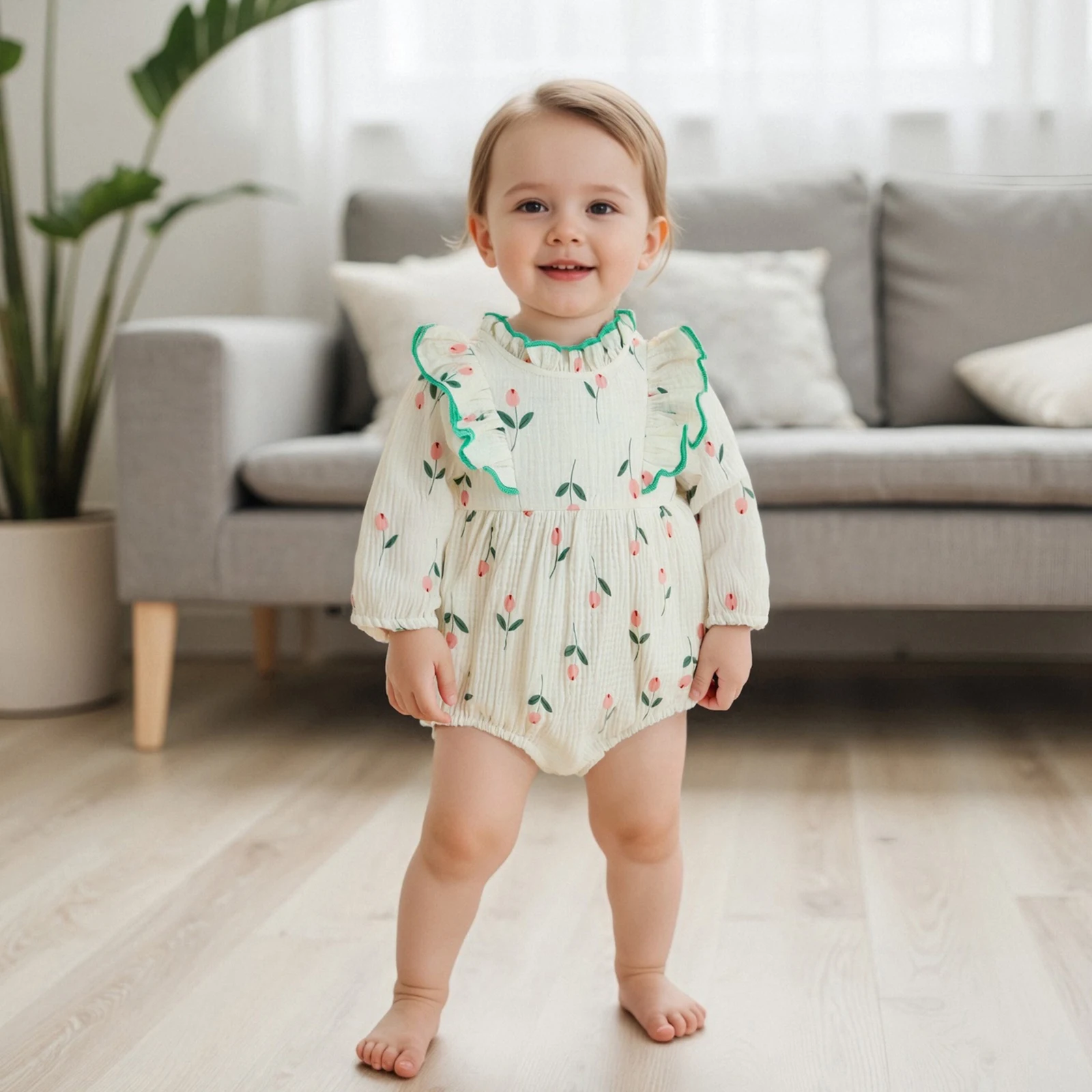 

Комбинезон на весну и осень для маленьких девочек, комбинезоны с длинными рукавами и оборками с цветочным принтом, милая одежда для новорожденных