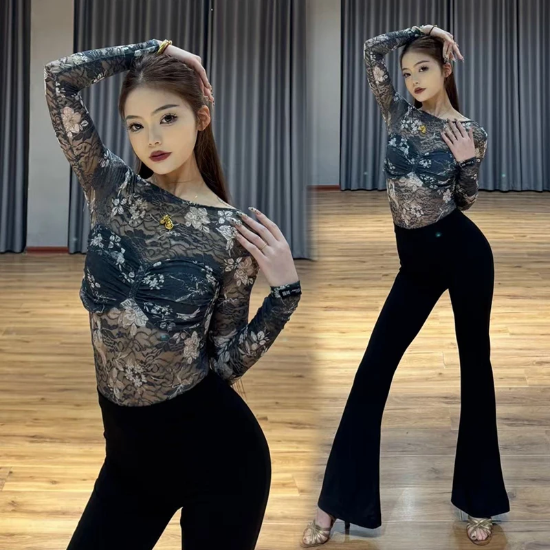 

Костюм для латинских танцев 2025, боди для бальных танцев для женщин и взрослых, вальс, танго, синие кружевные топы с длинными рукавами, тренировочные топы, брюки VBH1289