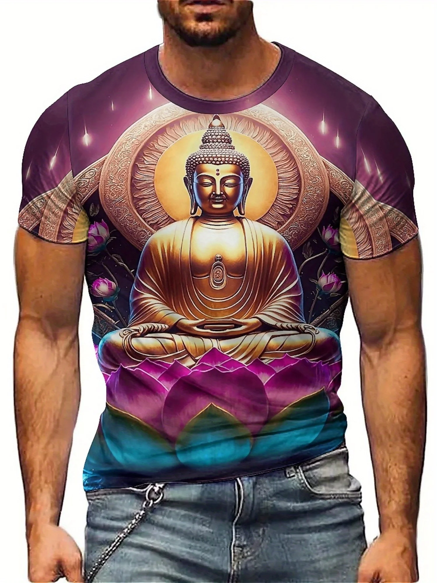 Men's Hip Hop Graphic T-Shirt - 3D Print Geometric Buddha Meditation Design, Oversized Loose Fit 100% Polyester