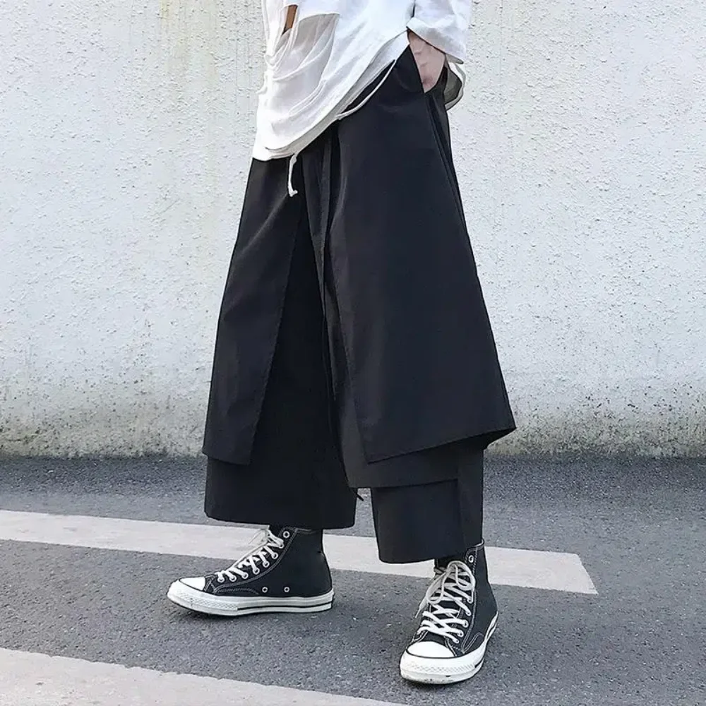 Fake Two-Piece Pants Men Male New Loose Wide-Leg Trousers Casual Straight Streetwear Spring Autumn Hip-Hop Pantalons Capris