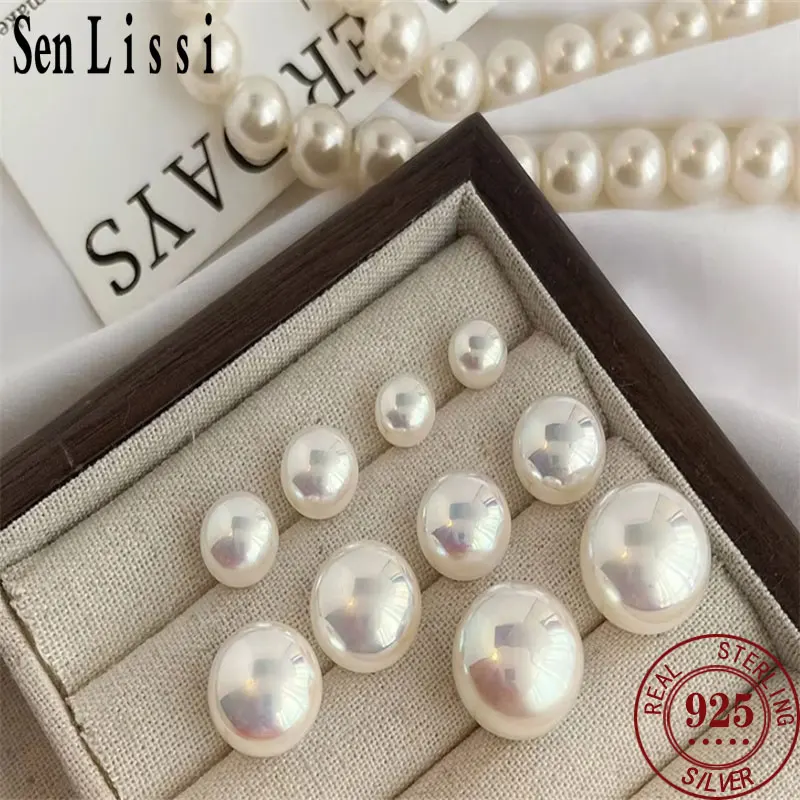 Senlissi Genuine 4A FreshWater Pearl Stud Earrings For Women 4-12 White Pearls 100% 925 Sterling Silver 18K Female Party Jewelry