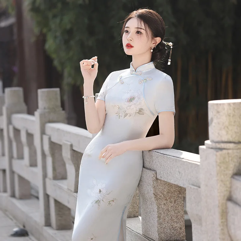 2024 Summer Fashion Chinese Traditional Dress Vintage Printing Qipao Women Modern Eleganti Slim Fit Long Cheongsam Evening Dress