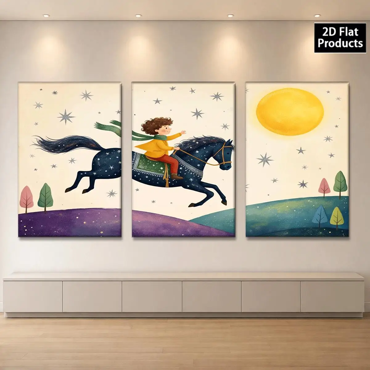 Frameless Canvas 2D Flat 3pc Wall Art – A Child Rides A Starry Horse Under Stars And A Big Moon With Trees. Perfect For Aest