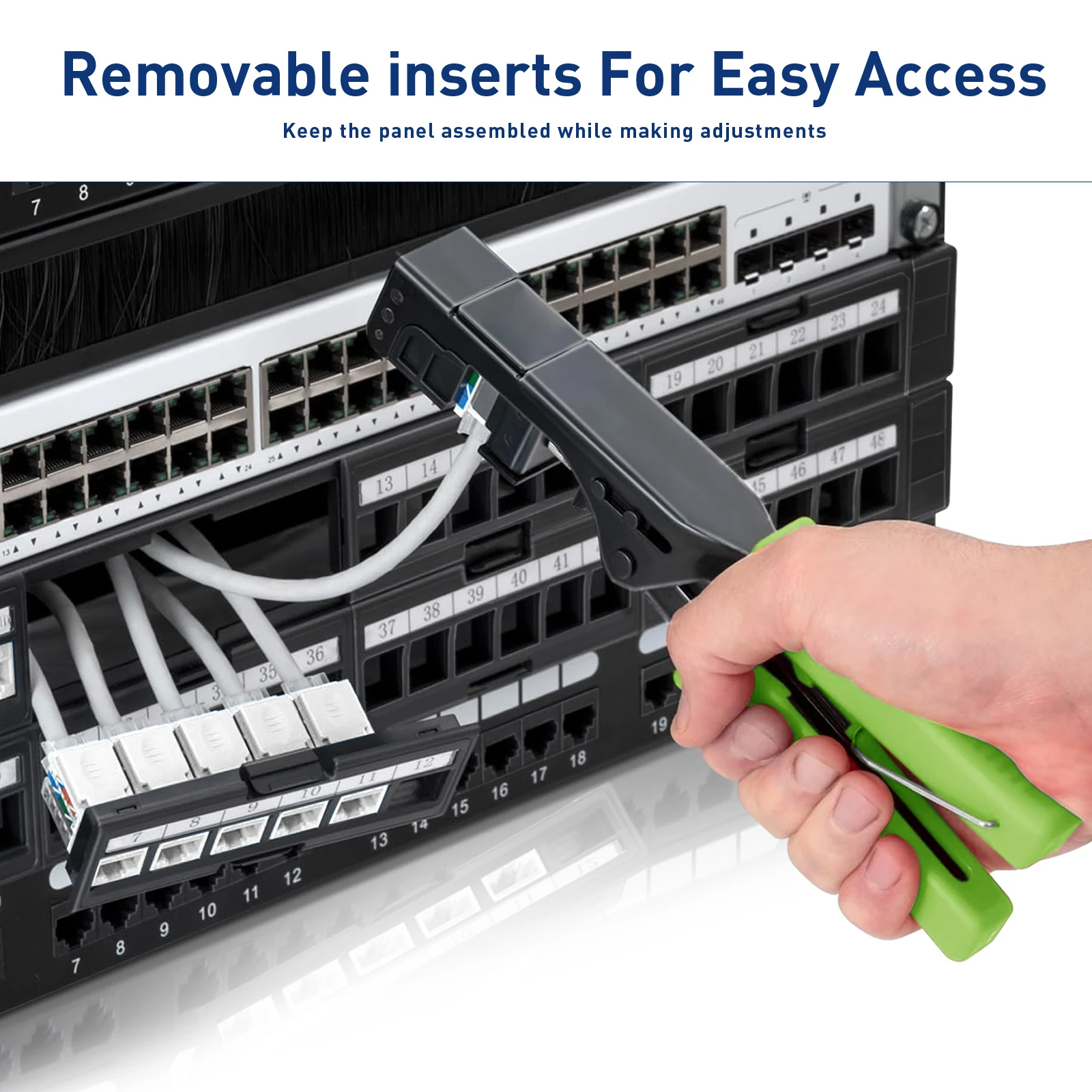 ZoeRax 24-Port Cat6 Cat5e Unshielded Patch Panel，Removable Inserts，19-Inch/1U Network Patch Panel Use only Slim Profile Keystone