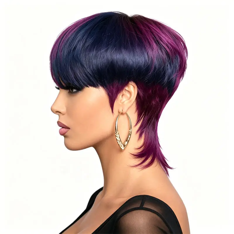Short Pixie Cut Human Hair Mullet Wig Two Tone Dark Purple Streaks Full Machine Made Fashion Easy Wear For Women Party Daily Use