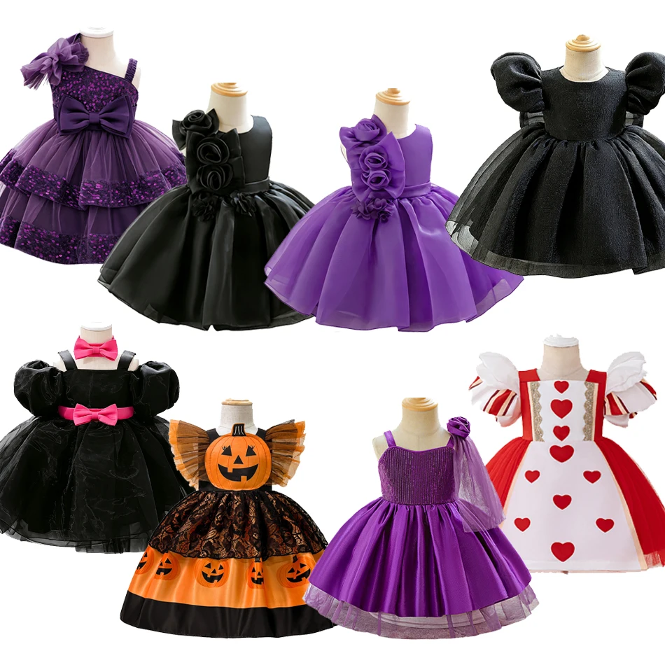 Girls Halloween Pumpkin Applique Dress Kids Flutter Sleeve Spider Lace Tulle Tutu Cosplay Photography Performance Costume ASQ03