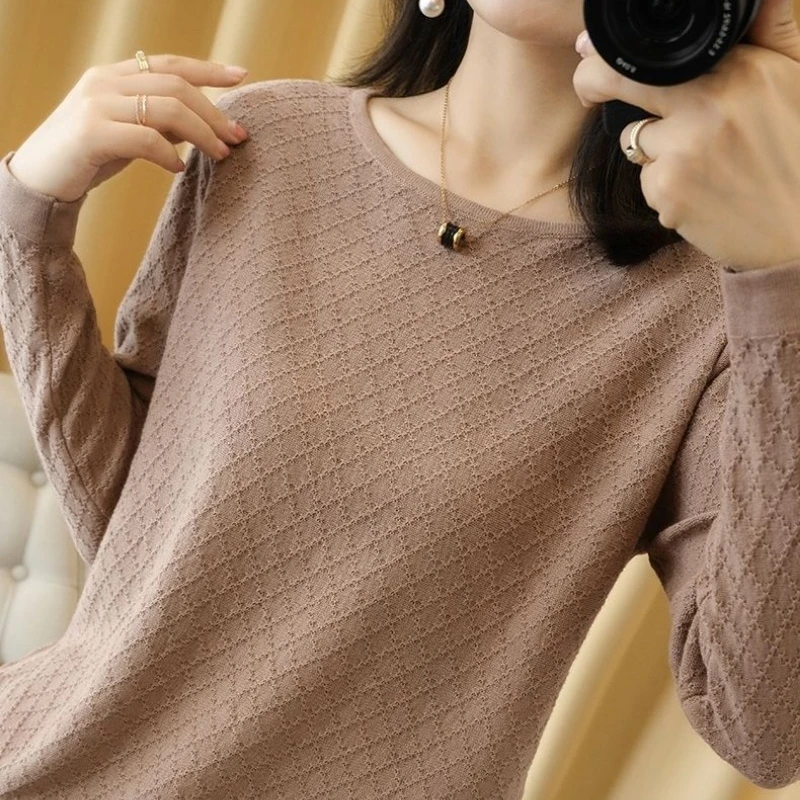 Women\'s Clothing Round Neck Solid Color Pullover Long Sleeve Screw Thread Sweater Knitted Casual Elegant Spring Autumn Tops