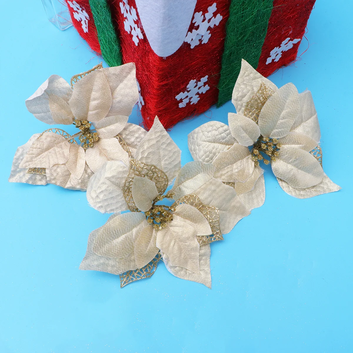 

6Pcs Christmas Tree Flower Ornaments 22cm Three Layers Handmade Artificial Flowers Lightweight Wedding Party Home Decor