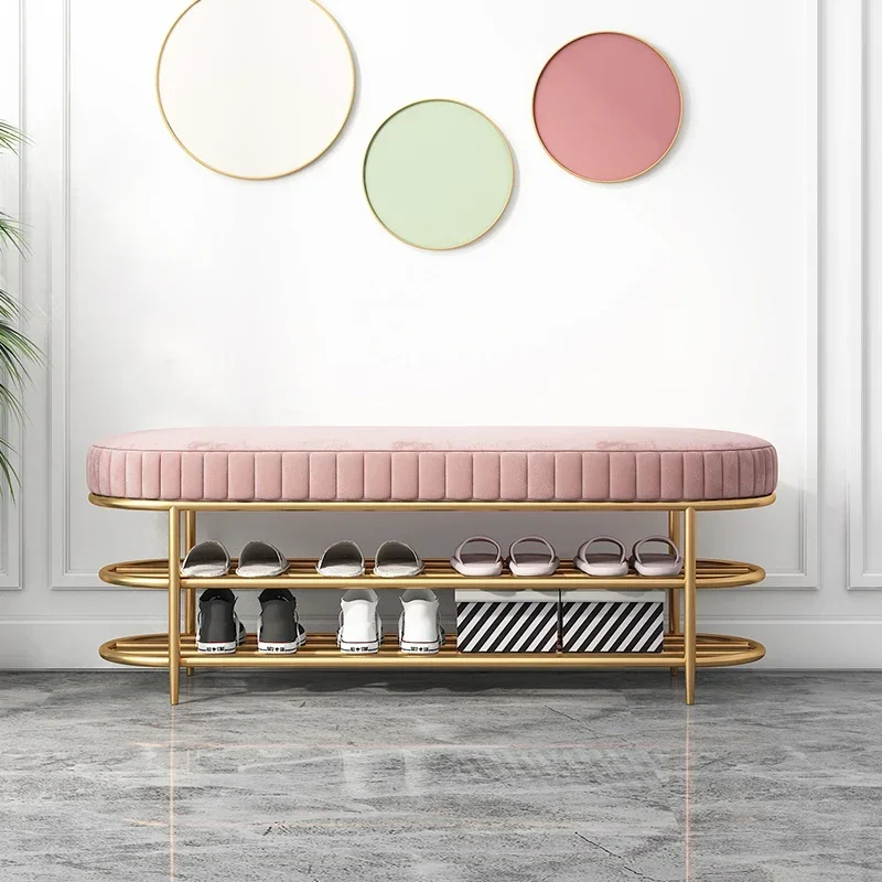 Nordic Light Luxury Metal Frame Shoe Changing Stool, Thickened Soft Padded Cushion, Household Entryway Shoe Stool for Home Use