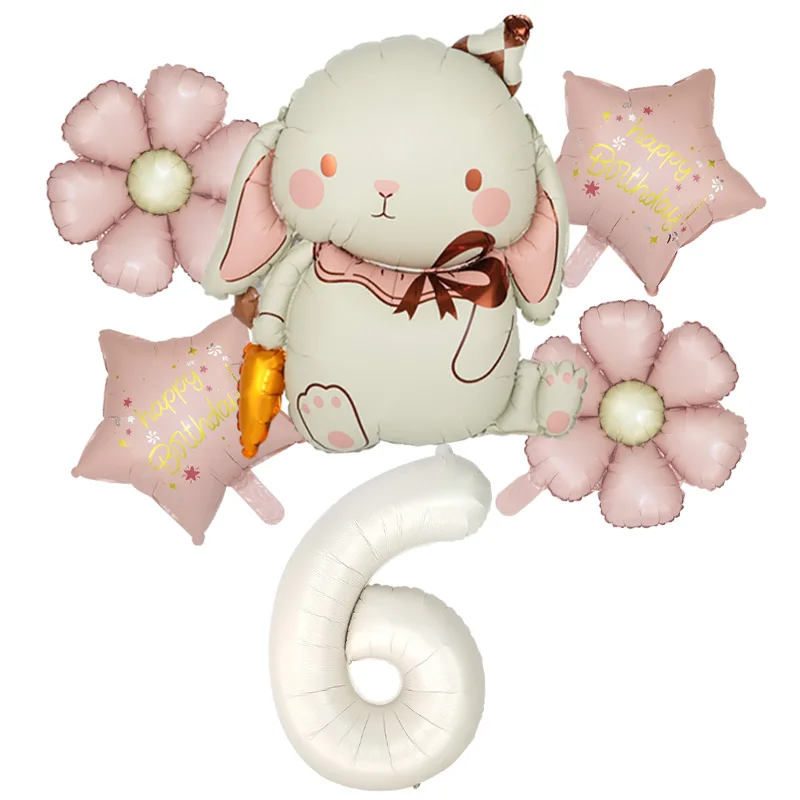 6 Stück Kaninchen Karotte Rosa Gänseblümchen Blume Stern Creme Zahl Ballon Set Mädchen Geburtstag Hochzeitstag Party Dekoration Babyshower – Detail 7