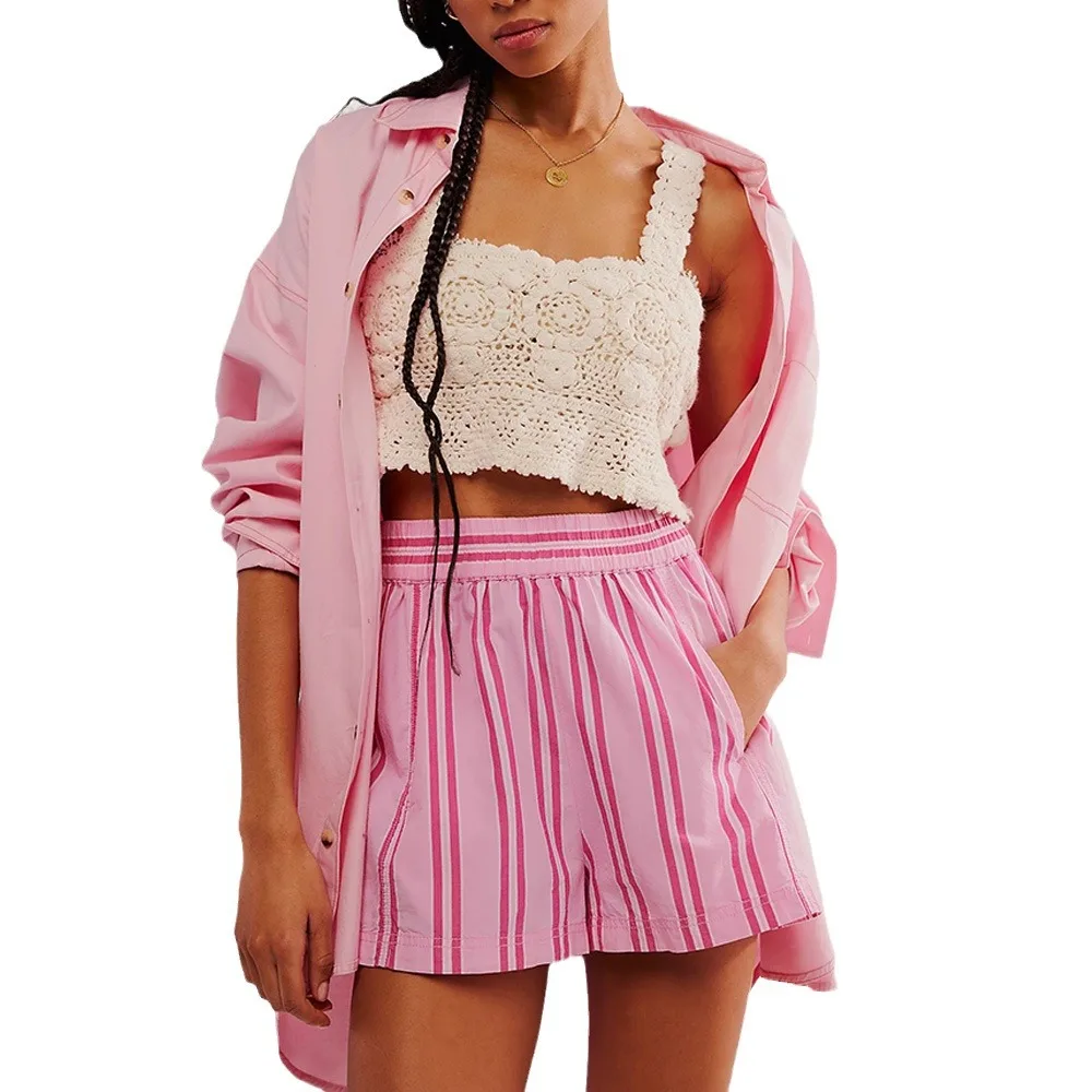Mode gestreepte shorts 2025 zomer nieuwe grensoverschrijdende dameskleding casual elastische zak strand shorts damesbroek cw72827