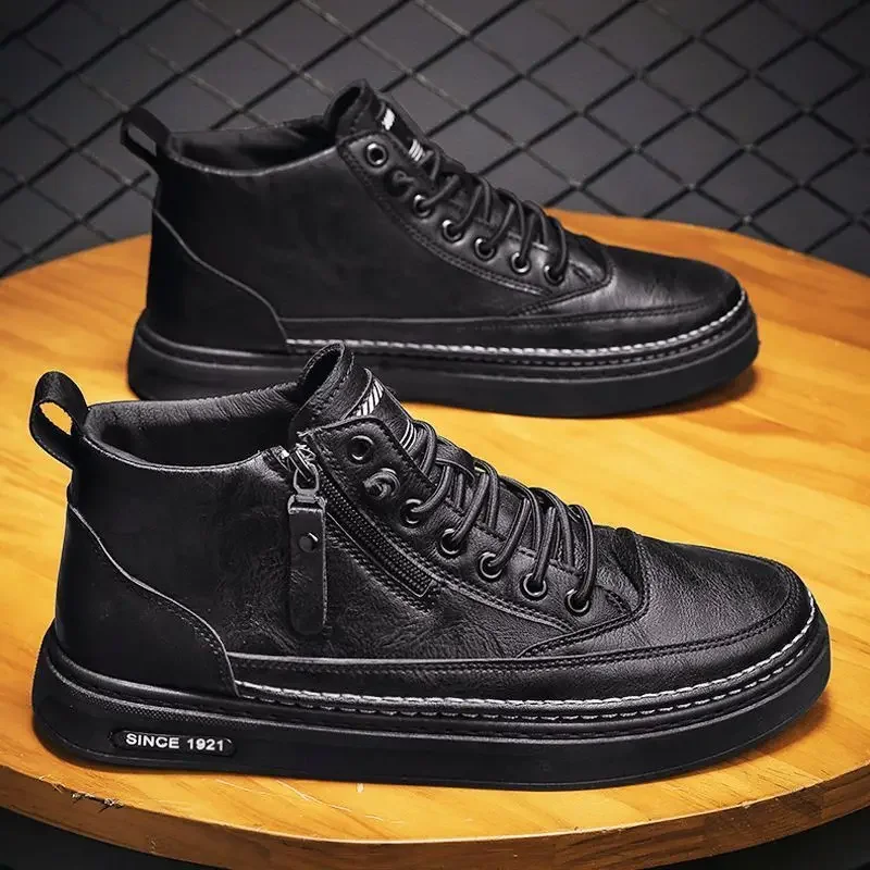 Autumn Winter Men Shoes High-Top Patent Leather Outdoor Casual Shoes Sneakers Breathable Non-slip Walking Shoes Black Simple