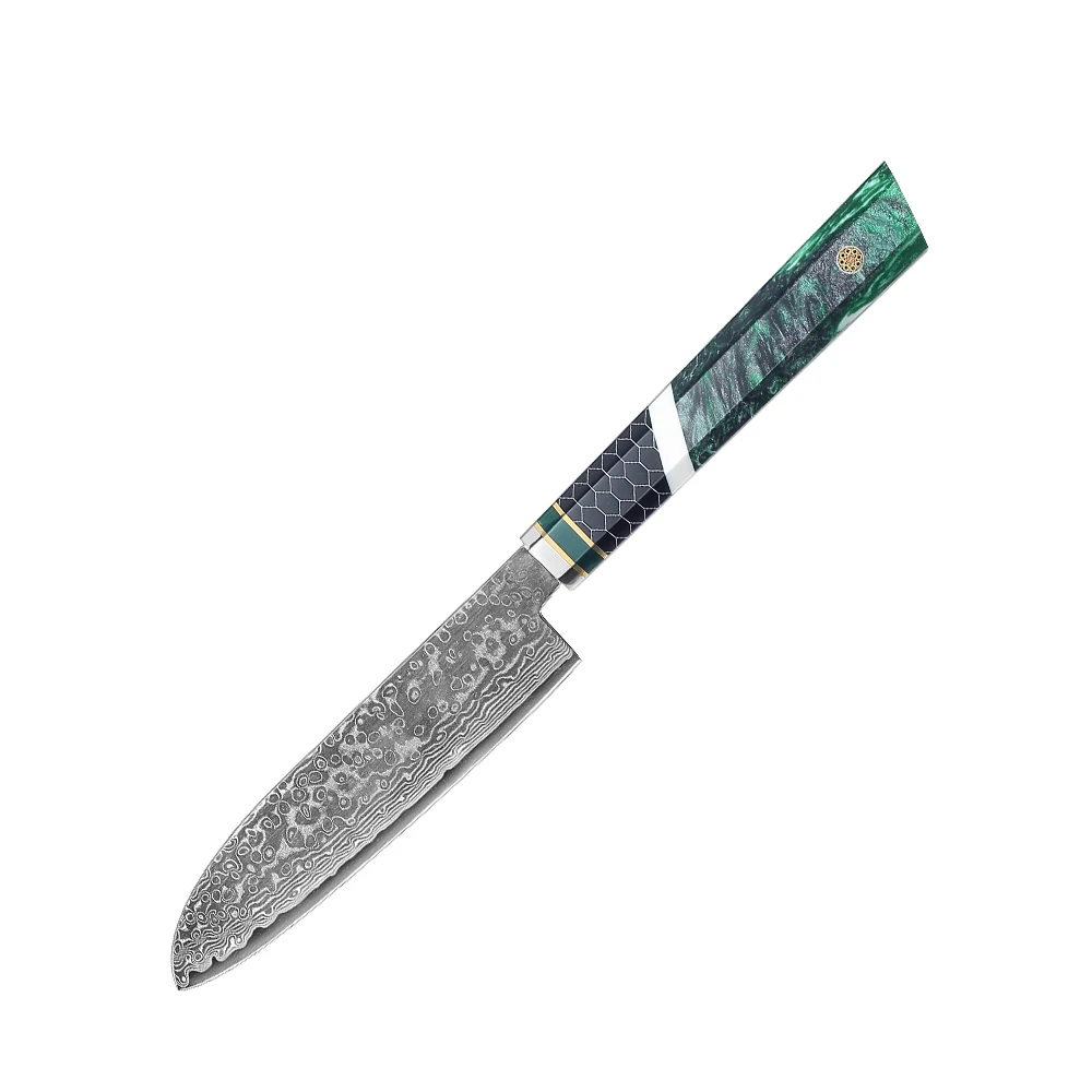 YAN Professional 5 Inch Santoku Knife Japanese Damascus VG10 Knife Chef Kitchen Knife Octagonal Aluminum Mesh Composited Resin