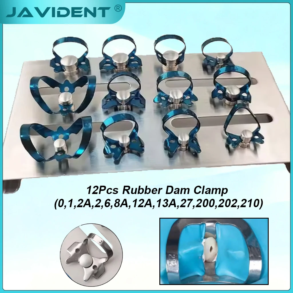 1Set Dental Materials Rubber Dam Clamp Set 12-Piece with Sterilization Rack Stainless Steel Restorative Molar Drilling Clamp