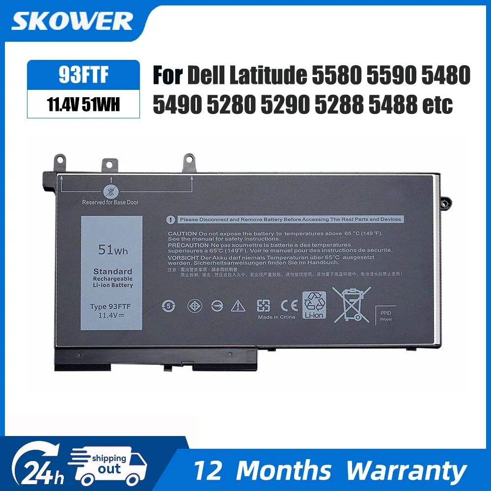 SKOWER 51Wh 93FTF Battery for Dell Latitude E5280 E5288 E5480 E5580 5490 5590 5491 5591 5495 5488 Precision 3520 3530 68Wh GJKNX