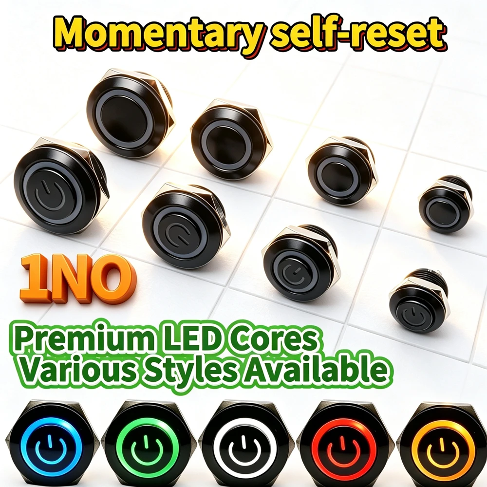 12/16/19/22mm LED Ultra Short Micro Stroke Waterproof Metal Button Switch, 3V/6V/12V/24V Instant Self Reset, Durable Thin Black
