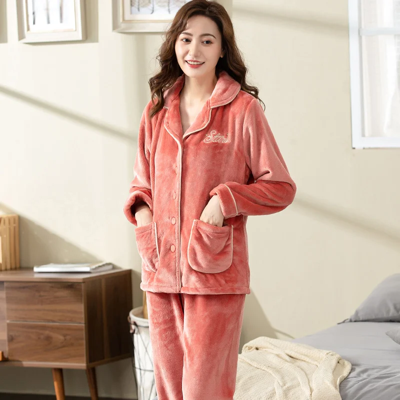 Autumn Winter Thick Warm Women Flannel Pajamas Set Long Sleeve Turn-down Collar Loose Soft 3XL Female Homewear Nighty